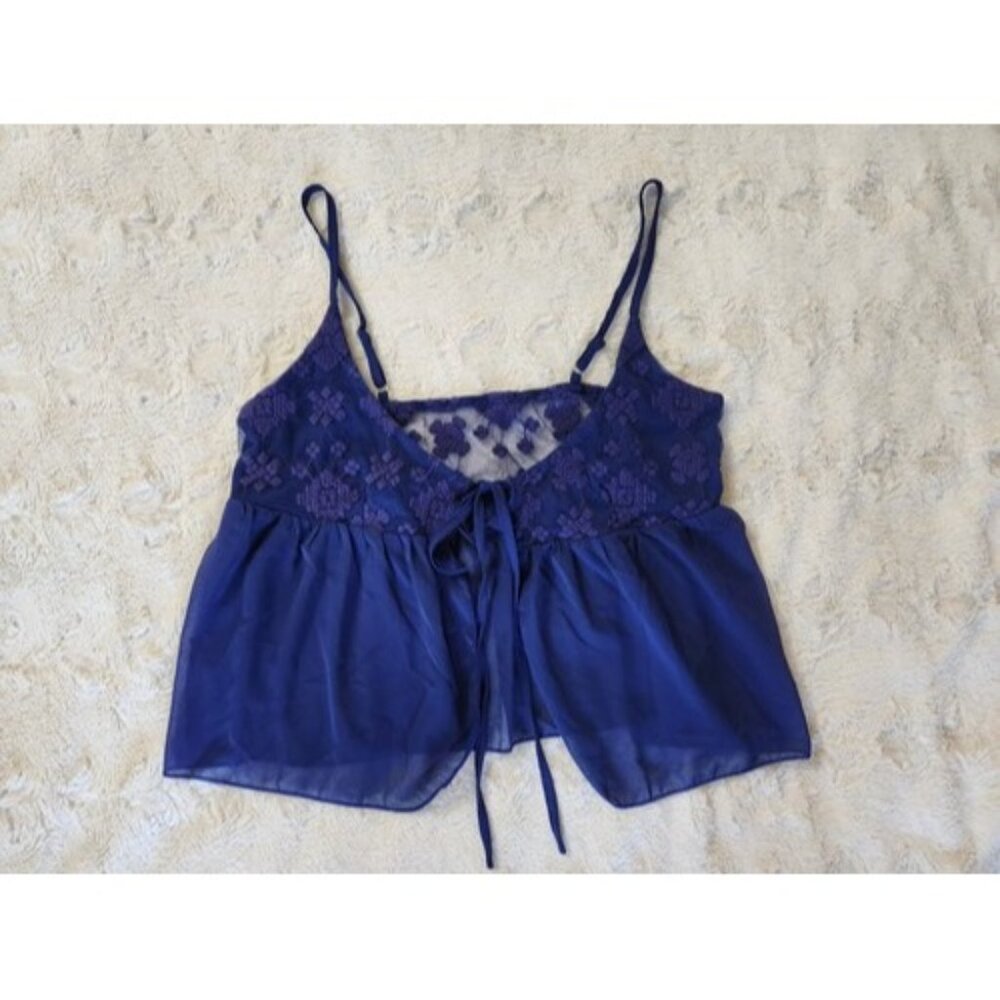 CIDER Blue Sheer Babydoll Floral Lace Trim Halter Lingerie MEDIUM